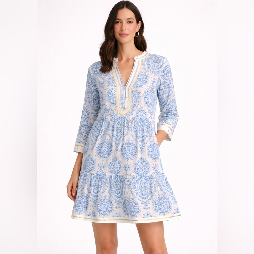Saiph Lab Blue White Cotton Tiered Dress Made in Italy Size L